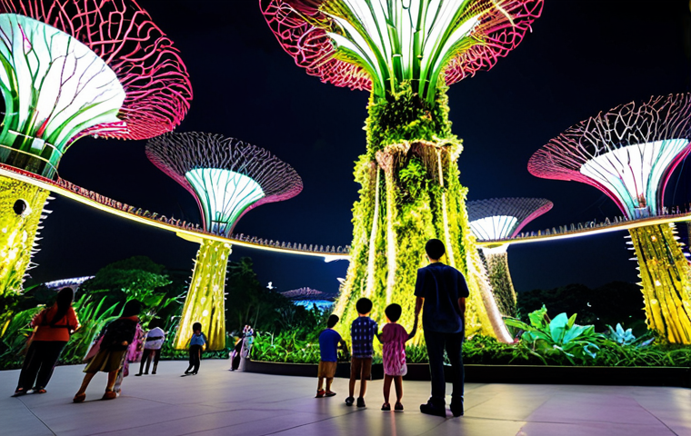A multi-generational family, including young children, stands in awe beneath the illuminated Supertrees at Gardens by the Bay, Singapore, during the magical Garden Rhapsody light show. The scene blends futuristic architecture with lush botanical elements and a visible indoor waterfall from the Cloud Forest. Vibrant, dreamlike atmosphere, wide shot, highly detailed, photorealistic.