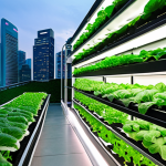 **Prompt:** A modern urban vertical farm in Singapore, showcasing rows of vibrant green hydroponic plants under soft LED lighting. Subtle hints of the city's futuristic skyline are visible in the background, emphasizing innovation and sustainable food production within a dense urban environment. The image should convey freshness, technology, and abundance.
