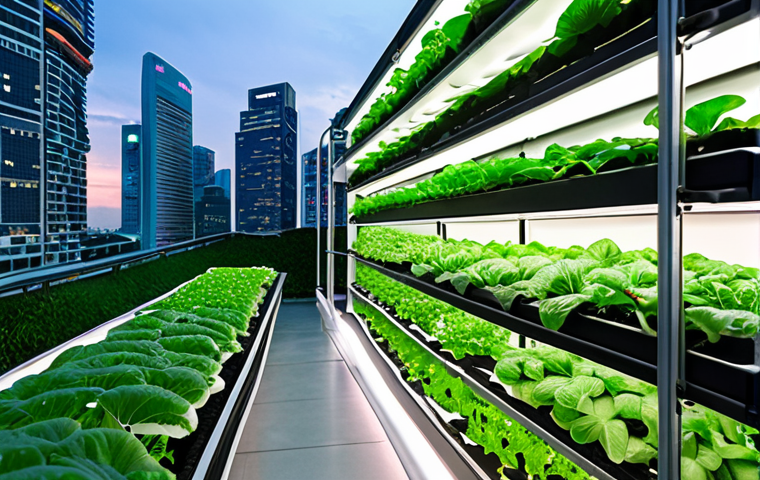 **Prompt:** A modern urban vertical farm in Singapore, showcasing rows of vibrant green hydroponic plants under soft LED lighting. Subtle hints of the city's futuristic skyline are visible in the background, emphasizing innovation and sustainable food production within a dense urban environment. The image should convey freshness, technology, and abundance.