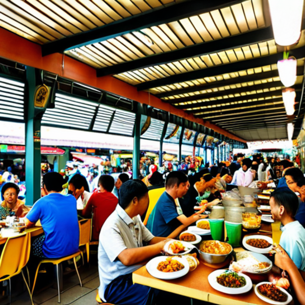싱가포르 현지인과의 대화 - "A bustling Hawker Center in Singapore, filled with people enjoying diverse cuisine, fully clothed, ...