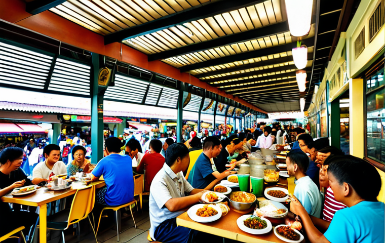 싱가포르 현지인과의 대화 - "A bustling Hawker Center in Singapore, filled with people enjoying diverse cuisine, fully clothed, ...