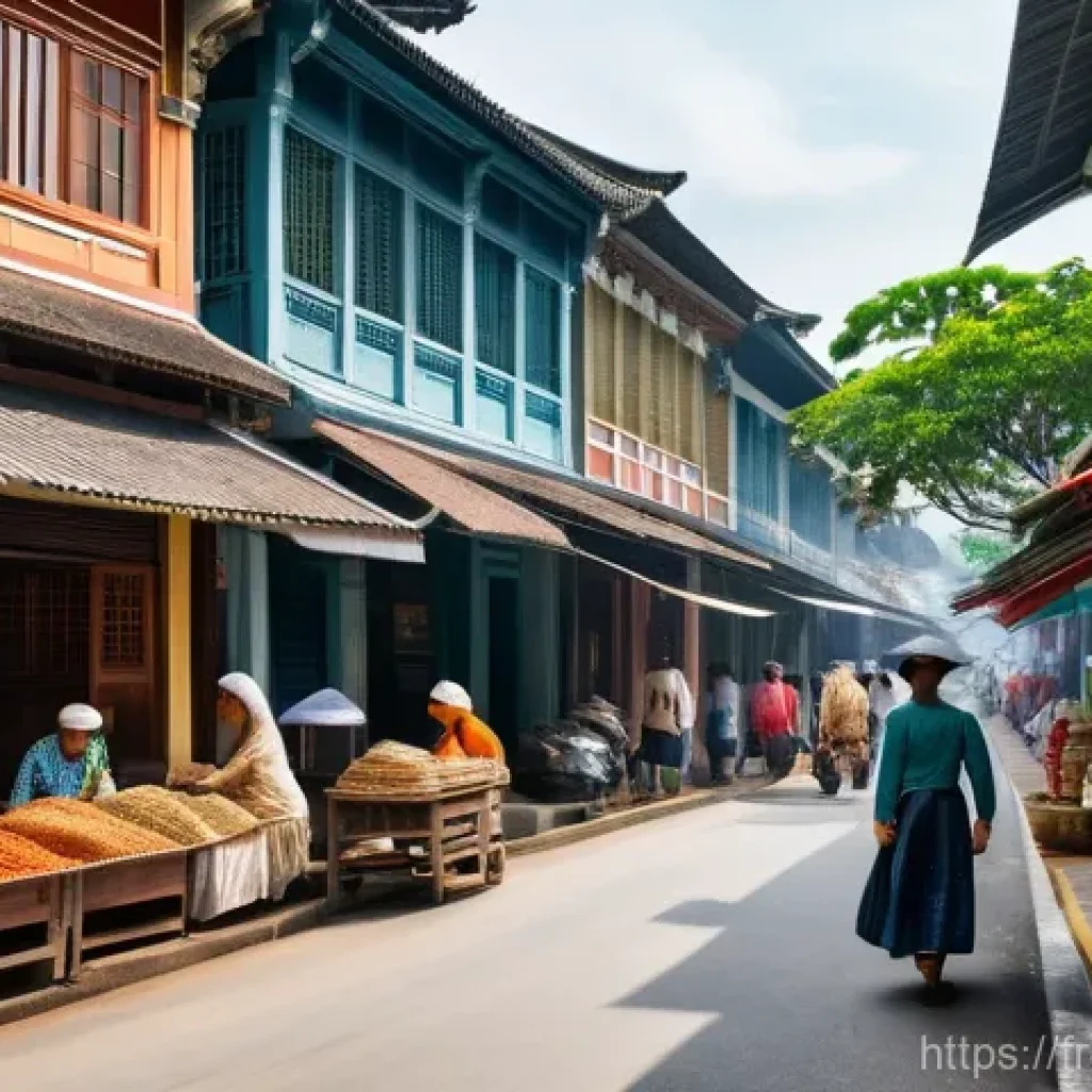 싱가포르 역사 박물관 - A vibrant and bustling street scene in 19th-century colonial Singapore. Merchants and laborers from ...