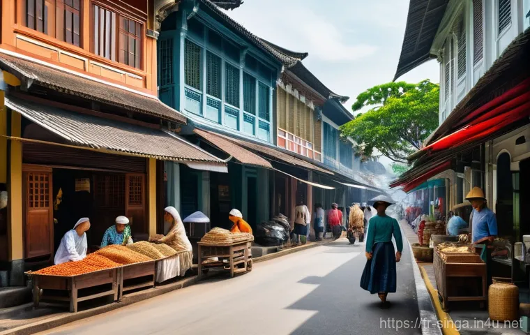 싱가포르 역사 박물관 - A vibrant and bustling street scene in 19th-century colonial Singapore. Merchants and laborers from ...