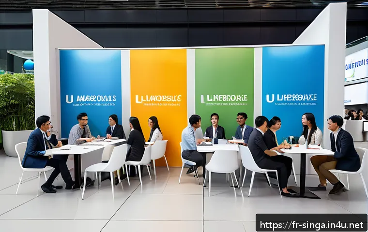 NUS와 NTU 비교 - A vibrant university career fair scene set in Singapore, showcasing students networking with represe...