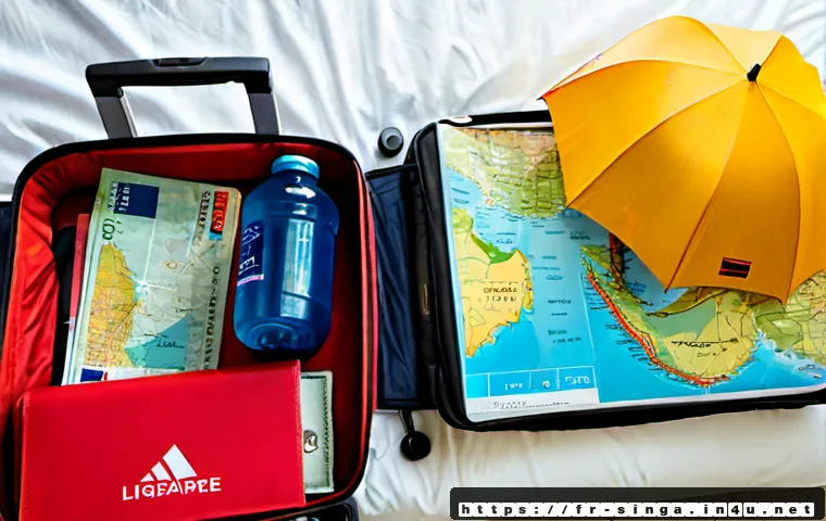 싱가포르 여행 체크리스트 - Photorealistic overhead travel-preparation scene for a Singapore holiday, an open suitcase on a brig...