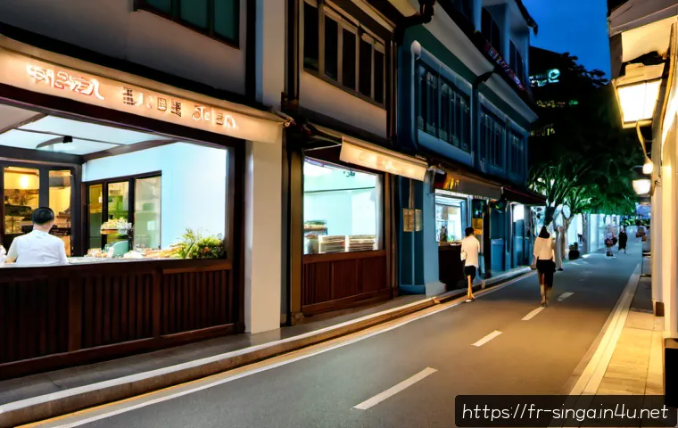 싱가포르 한인타운 - Photorealistic evening street scene in Singapore’s Tanjong Pagar Korean dining district, elegant low...
