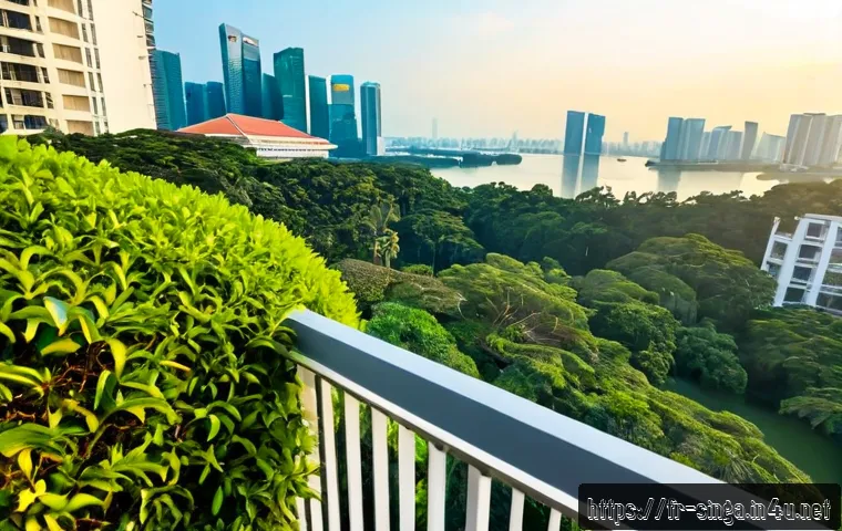 싱가포르 집값 트렌드 - Photorealistic elevated view from a modern condominium balcony in Singapore at golden hour, sleek hi...