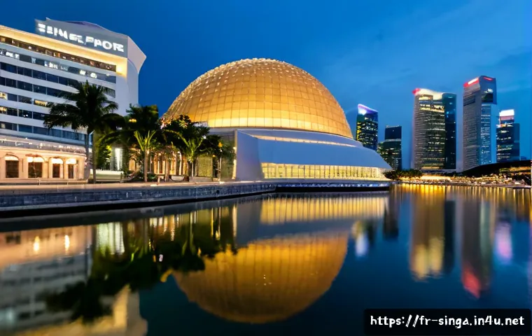 싱가포르 국립 오페라 - Photorealistic exterior of Singapore’s iconic waterfront performing arts complex at blue hour, two r...